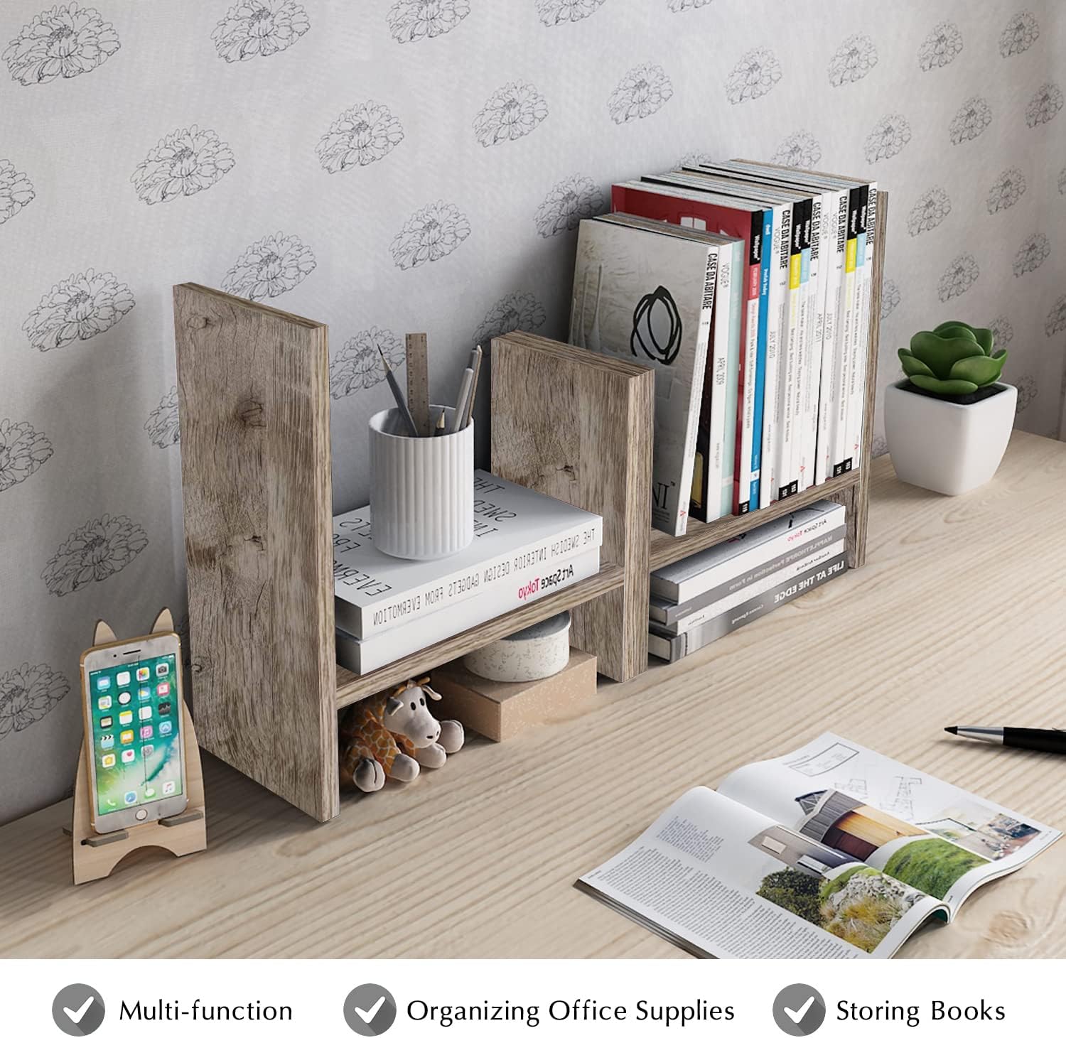 Jerry & Maggie - Desktop Organizer Office Storage Rack Adjustable Wood Display Shelf - Free Style Double H Display - True Natural Stand Shelf - Black - Image 5